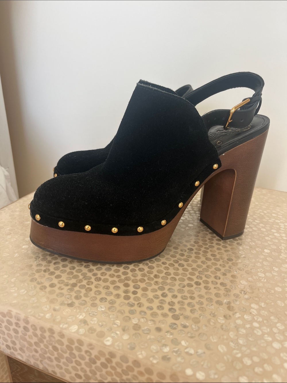Vince Camuto Black Suede Platform Clogs with Gold Studs - Picture 2 of 5